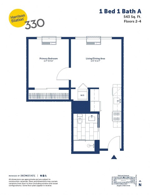 Floor plan for 1 bed, 1 bath, 543 sqft